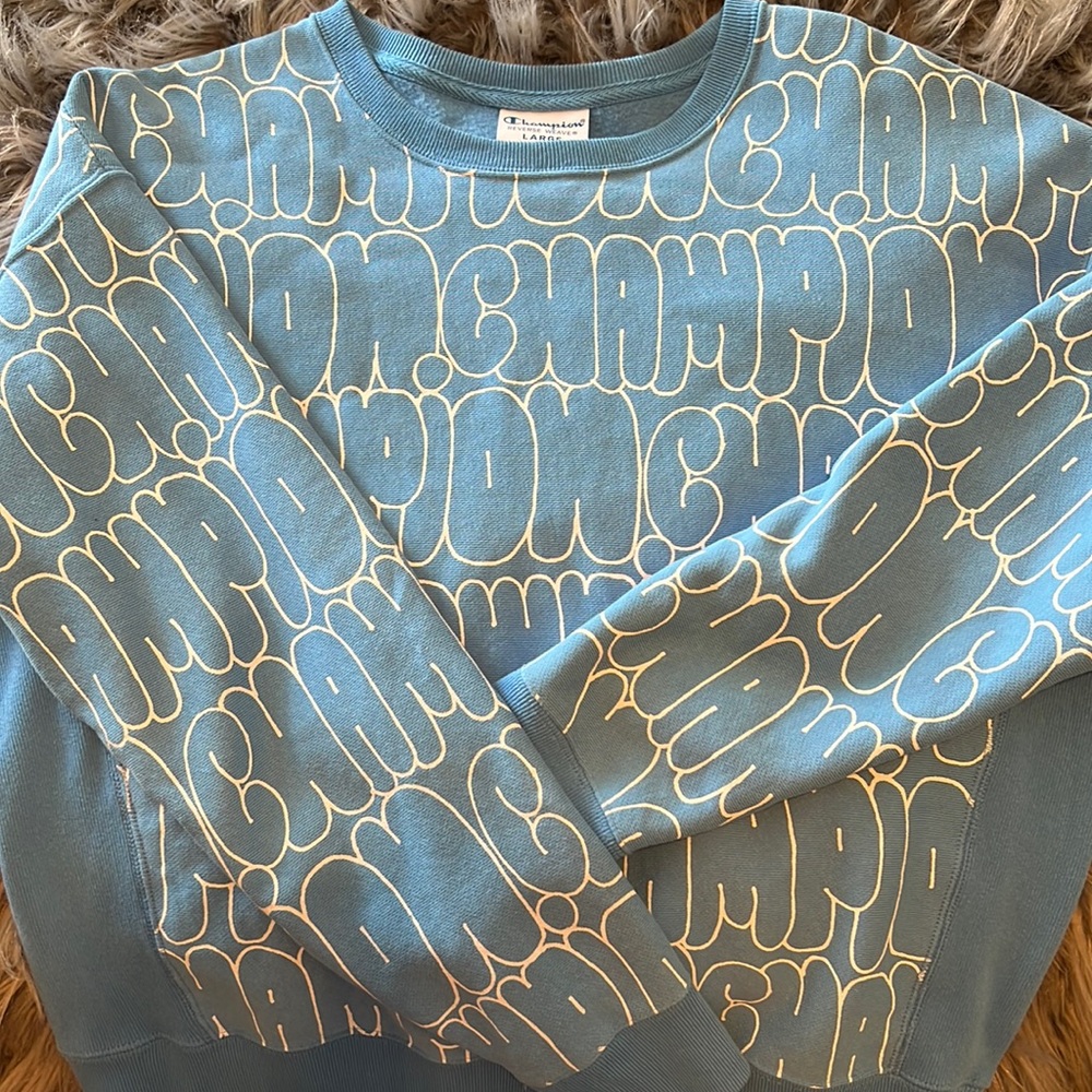 Blue youth large champion sweatshirt. Bubble letters. Never worn.